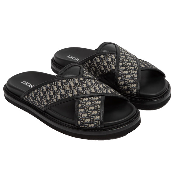 Dior Mens Aqua Sandal Beige Black Blue Oblique Jacquard Logo Slide Slip On 42 9 - Picture 1 of 16